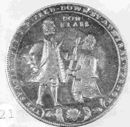 Moneda acu�ada precipitadamente en Inglaterra para conmemorar el triunfo del almirante Vernon. Fotograf�a del ejemplar que se conserva en el Museo Naval de Madrid, sala IV, vitrina XIII. Tomada de Zapatero (ver fuentes).